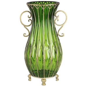 50cm Green Glass Oval Floor Vase with Metal Flower Stand