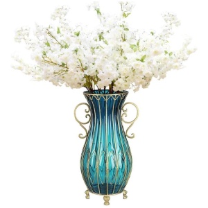 51cm Blue Glass Tall Floor Vase and 10pcs White Artificial Fake Flower Set