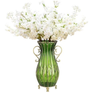 51cm Green Glass Tall Floor Vase and 10pcs White Artificial Fake Flower Set