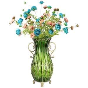 51cm Green Glass Tall Floor Vase with 12pcs Artificial Fake Flower Set