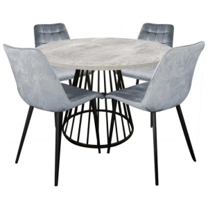 5Pc Dining Set Matilda Round Dining Table 110cm Faux Cement Look & 4 Lainey Fabric Velvet Dining Chair Grey