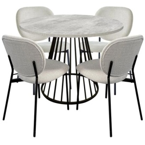 5Pc Dining Set Matilda Round Dining Table 110cm Faux Cement W/ 4Pc Archie Fabric Dining Chair Coconut