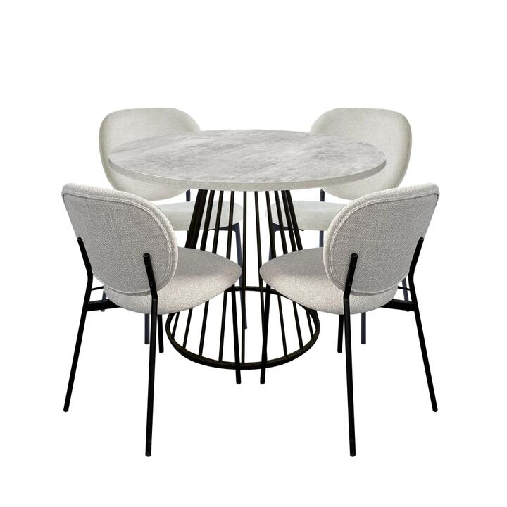 5Pc Dining Set Matilda Round Dining Table 110cm Faux Cement W/ 4Pc Archie Fabric Dining Chair Coconut
