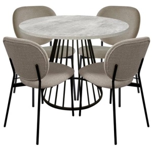 5Pc Dining Set Matilda Round Dining Table 110cm Faux Cement W/ 4Pc Archie Fabric Dining Chair Latte