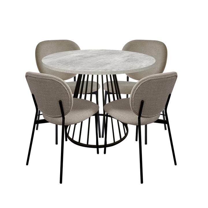 5Pc Dining Set Matilda Round Dining Table 110cm Faux Cement W/ 4Pc Archie Fabric Dining Chair Latte