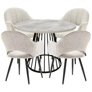 5Pc Dining Set Matilda Round Dining Table 110cm Faux Cement W/ 4Pc Luka Fabric Dining Chair Coconut