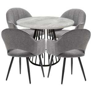 5Pc Dining Set Matilda Round Dining Table 110cm Faux Cement W/ 4Pc Luka Fabric Dining Chair Grey