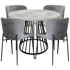 5Pc Dining Set Matilda Round Dining Table 110cm Faux Cement W/ 4Pc Sonata Fabric Dining Chair Grey
