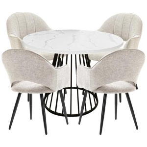 5Pc Dining Set Matilda Round Dining Table 110cm Faux Marble W/ 4Pc Luka Fabric Dining Chair Coconut