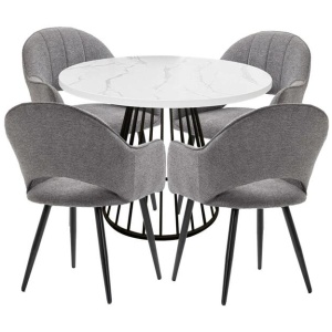 5Pc Dining Set Matilda Round Dining Table 110cm Faux Marble W/ 4Pc Luka Fabric Dining Chair Grey