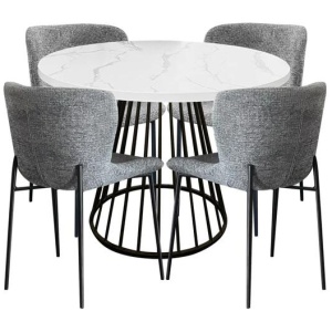 5Pc Dining Set Matilda Round Dining Table 110cm Faux Marble W/ 4Pc Sonata Fabric Dining Chair Grey