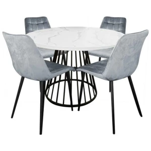 5Pc Dining Set Matilda Round Dining Table 110cm Marble Look & 4 Lainey Fabric Velvet Dining Chair Grey