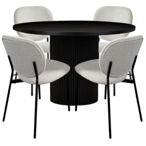 5Pc Dining Set Sona Round Dining Table 120cm Black W/ 4Pc Archie Fabric Dining Chair Coconut