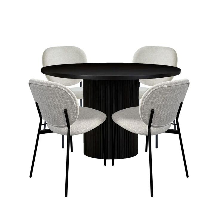 5Pc Dining Set Sona Round Dining Table 120cm Black W/ 4Pc Archie Fabric Dining Chair Coconut