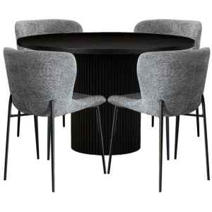 5Pc Dining Set Sona Round Dining Table 120cm Black W/ 4Pc Fabric Dining Chair Grey