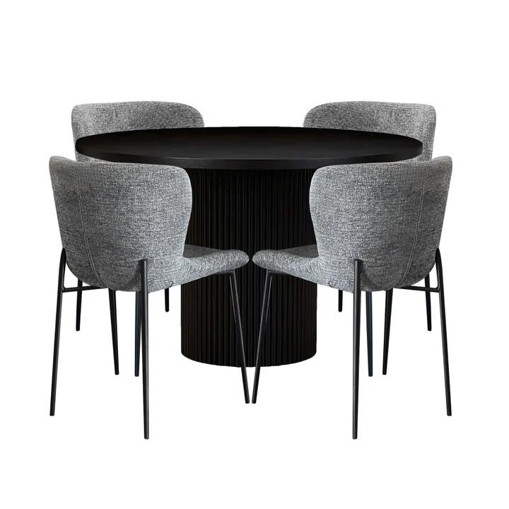 5Pc Dining Set Sona Round Dining Table 120cm Black W/ 4Pc Fabric Dining Chair Grey