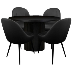 5Pc Dining Set Sona Round Dining Table 120cm Black W/ 4Pc Soon PU Leather Dining Chair Black