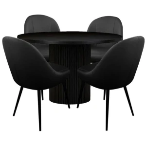 5Pc Dining Set Sona Round Dining Table 120cm Black W/ 4Pc Soon PU Leather Dining Chair Black
