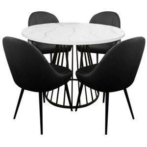 5Pcs Dining Set Matilda Round Faux Marble Dining Table 110cm White W/ 4x Soon Dining Chair in Black PU