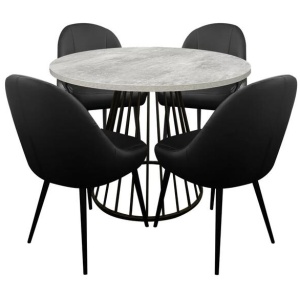5Pcs Dining Set Round Faux Cement Dining Table W/ 4 Dining Chair Black PU