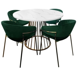 5Pcs Dining Set Round Faux Marble Dining Table White W/ 4 Dining Chair Velvet Green