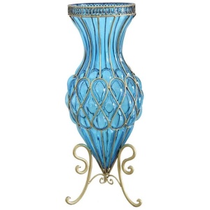 65cm Blue Glass Tall Floor Vase with Metal Flower Stand