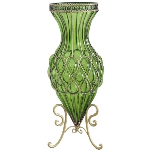 65cm Green Glass Tall Floor Vase with Metal Flower Stand