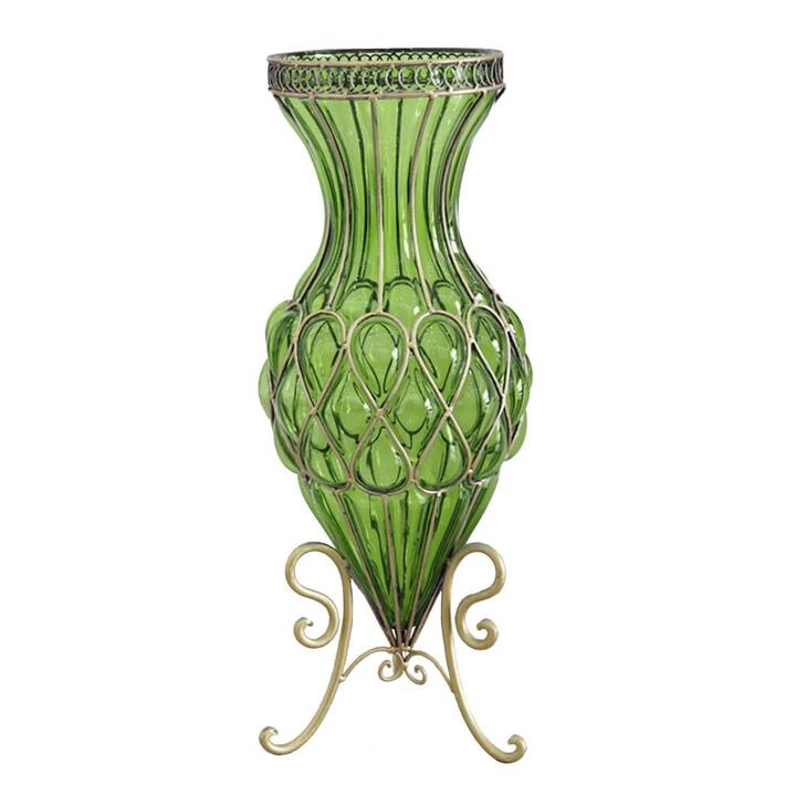 65cm Green Glass Tall Floor Vase with Metal Flower Stand