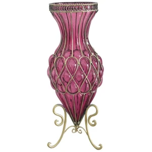 65cm Purple Glass Tall Floor Vase with Metal Flower Stand