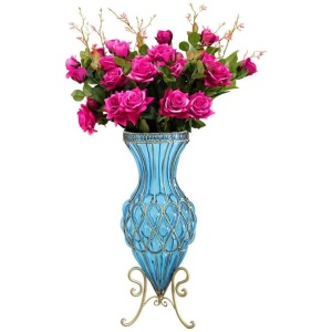 67cm Blue Glass Tall Floor Vase and 12pcs Dark Pink Artificial Fake Flower Set