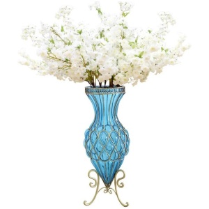 67cm Blue Glass Tall Floor Vase with 10pcs White Artificial Fake Flower Set