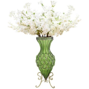 67cm Green Glass Tall Floor Vase with 10pcs White Artificial Fake Flower Set