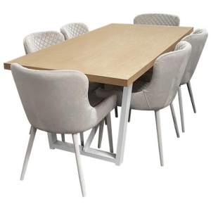 7Pc Dining Set Havana Rectangle Dining Table 180cm Natural W/ 6Pc Corrie Velvet Dining Chair Grey