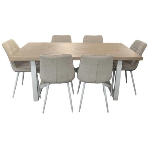 7Pc Dining Set Havana Rectangular Dining Table 180cm W/ 6Pc Loma Fabric Dining Chair Beige