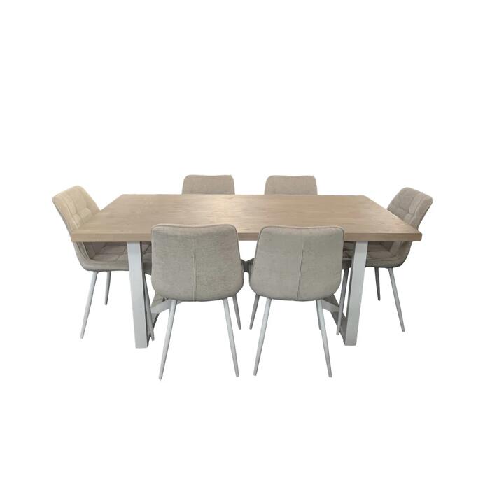 7Pc Dining Set Havana Rectangular Dining Table 180cm W/ 6Pc Loma Fabric Dining Chair Beige
