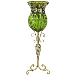 85cm Green Glass Floor Vase with Tall Metal Flower Stand