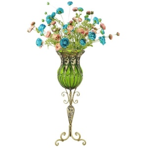 85cm Green Glass Tall Floor Vase and 12pcs Blue Artificial Fake Flower Set