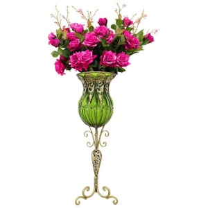 85cm Green Glass Tall Floor Vase and 12pcs Dark Pink Artificial Fake Flower Set