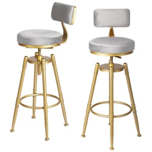 Adjustable Velvet Bar Stool with Backrest - 360° Swivel, Golden Frame (Set of 2 - Grey)