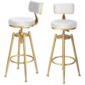 Adjustable Velvet Bar Stool with Backrest - 360° Swivel, Golden Frame (Set of 2 - White)