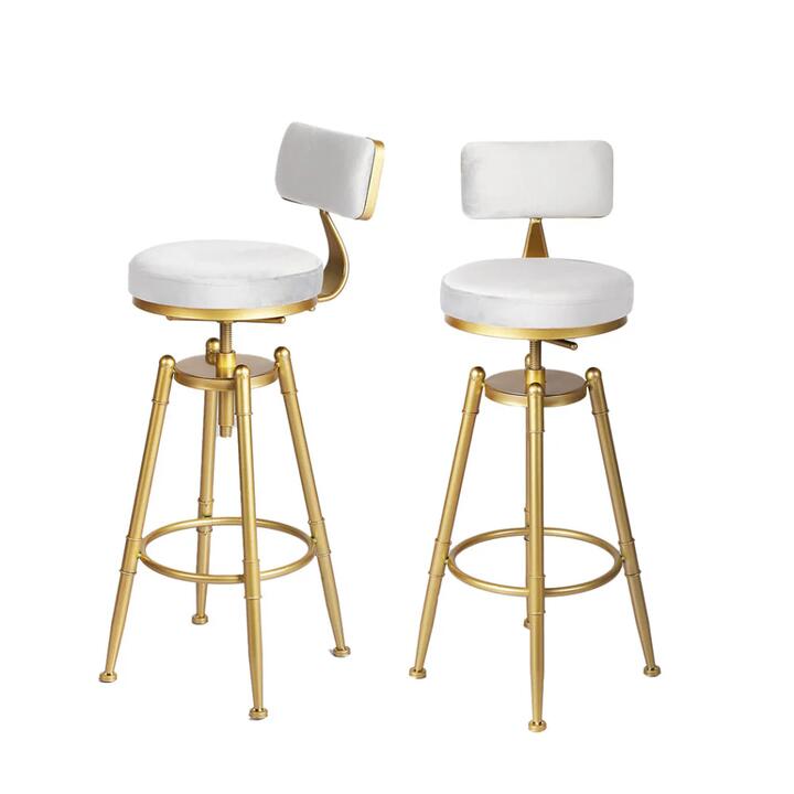 Adjustable Velvet Bar Stool with Backrest - 360° Swivel, Golden Frame (Set of 2 - White)