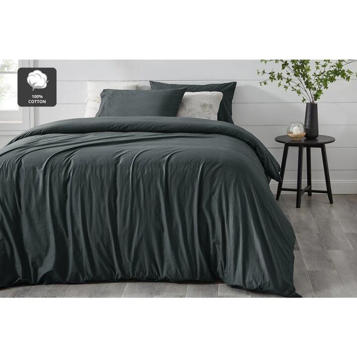Aesop Stone Wash 100% Cotton Quilt Cover Set - Charcoal, Queen