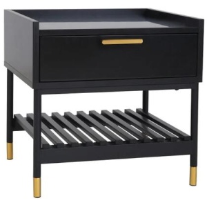Alcone Wooden Bedside Nightstand Side Table W/ Gold Accents - Satin Black