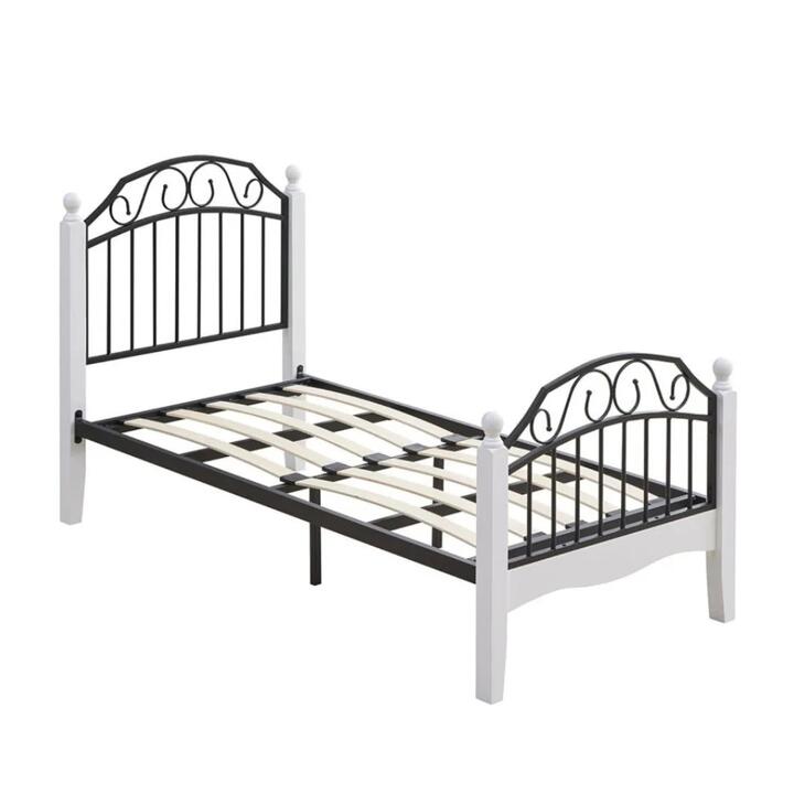Ashley King Single Size Bed Frame Wooden Pole Black Metal Frame - White