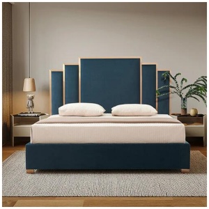 Austin Bed Frame Polyester Turquoise Fabric Padded Upholstery High Quality Slats Polished Stainless Steel Feet