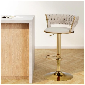 Bar Stools Gas Lift Velvet Woven Backrest Ivory