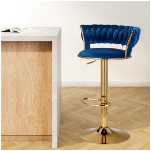 Bar Stools Gas Lift Velvet Woven Backrest Navy