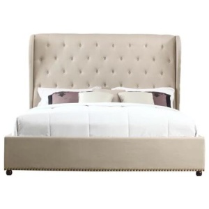 Bed Frame Queen Size in Beige Fabric Upholstered French Provincial High Bedhead