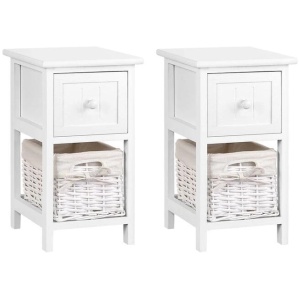 Bedside Table 1 Drawer with Basket Rustic White X2
