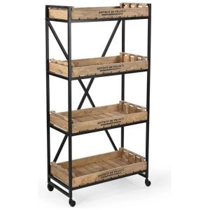 Bistrot De France Industrial Rustic 4-Tier Movable Bookcase On Wheels